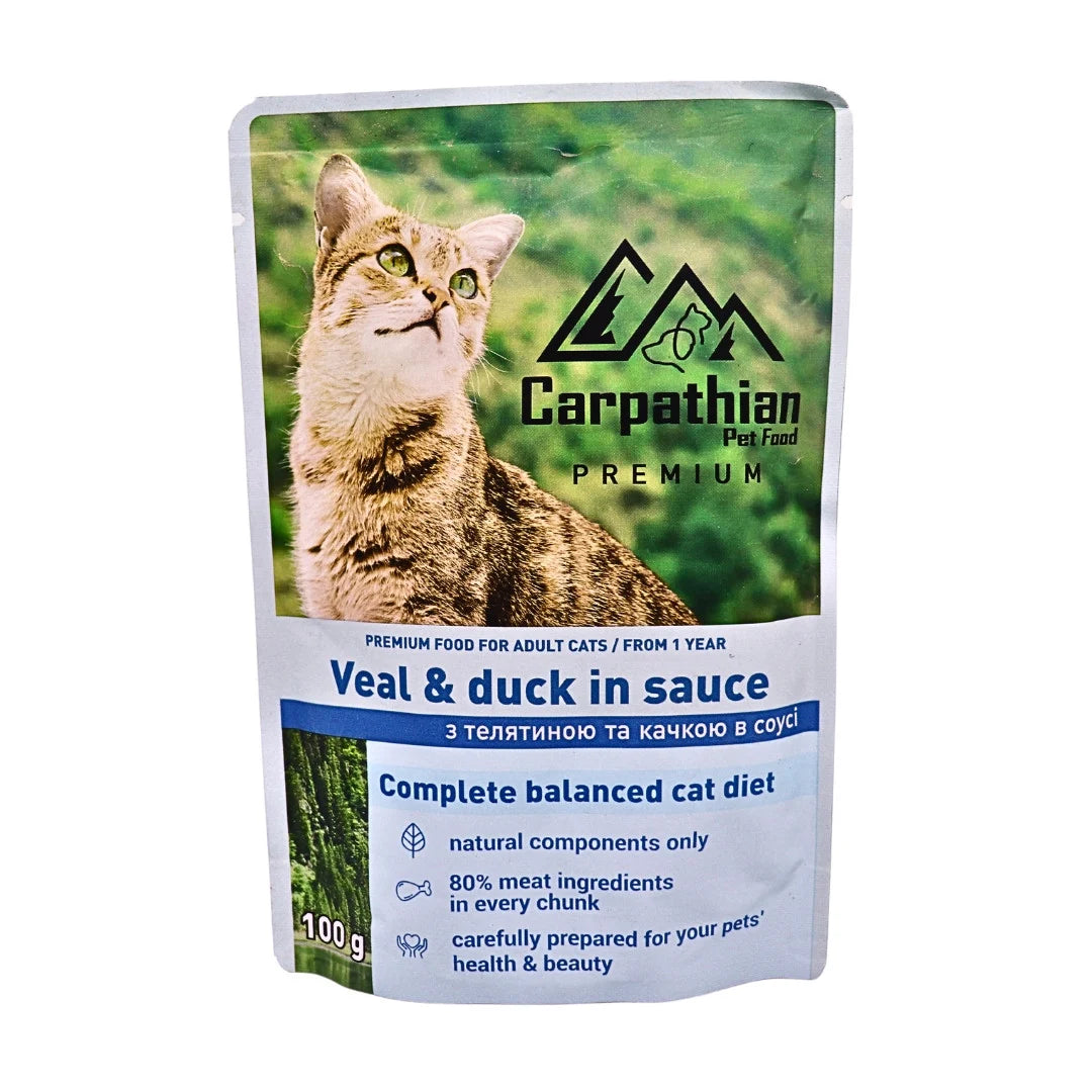 Carpathian Pet Food Carpathian Cat Adult Plic Vitel si Rata in Sos 100 Gr