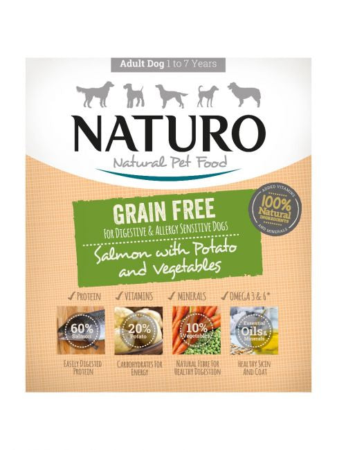 Caserola Naturo Adult Grain Free cu Carne de Somon, Cartofi si Legume 400g