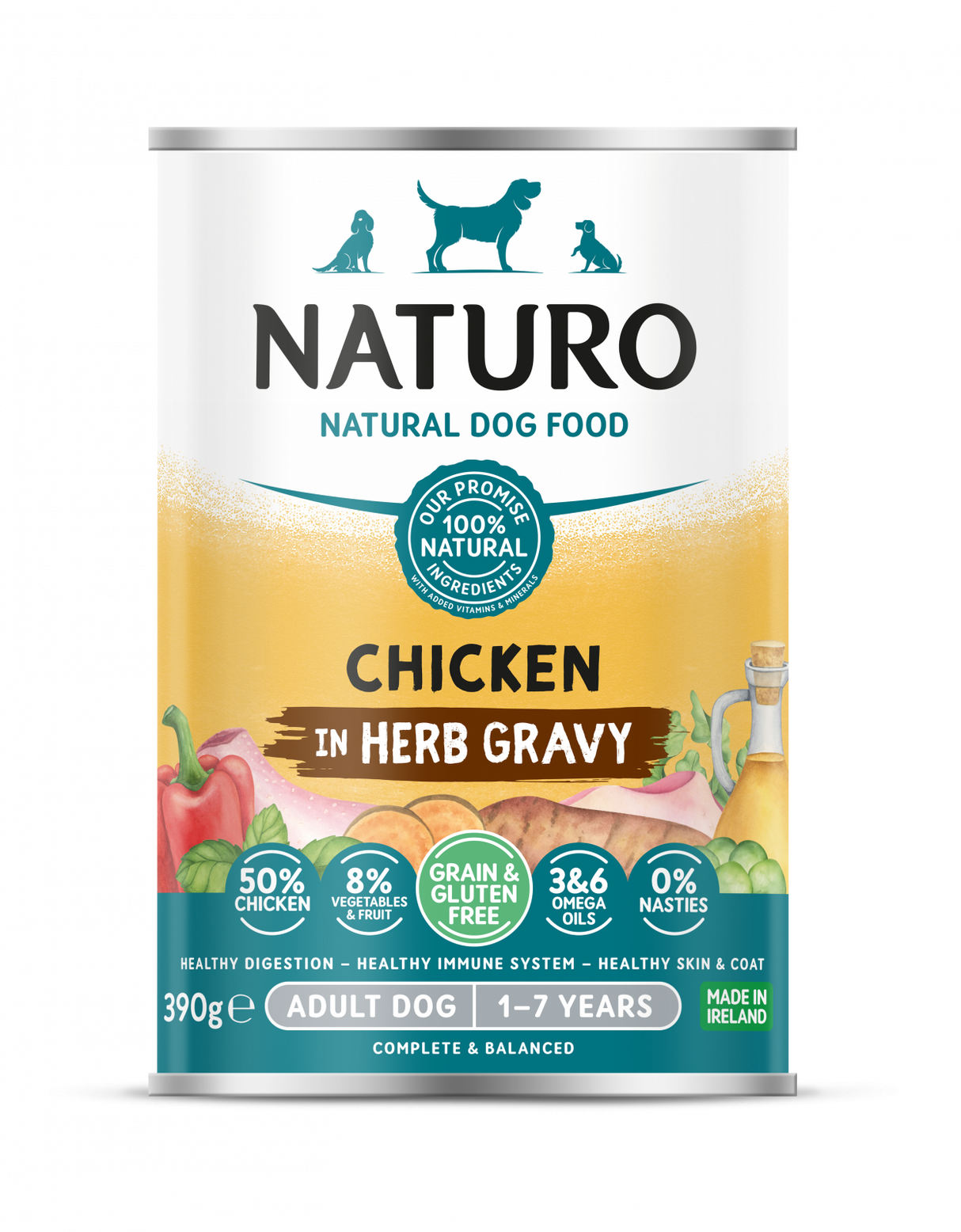 Naturo Conserva Naturo Adult cu Carne de Pui, Fructe si Legume in Sos cu Ierburi Aromatice 390g - imagine 1