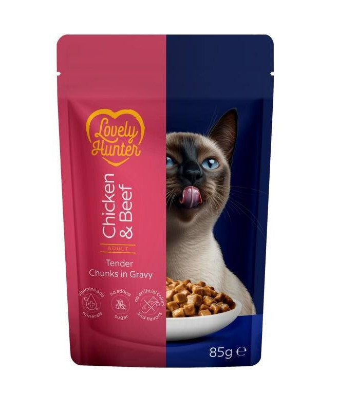 Lovely Hunter Hrana Umeda cu Pui si Vita pentru Pisici Adulte 85 Gr