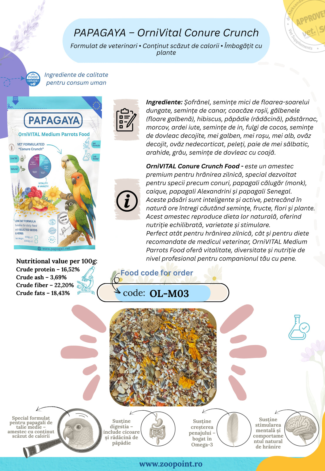 Papagaya OrniVital Conure Crunch Hrana Low Fat pentru Papagali de Talie Medie