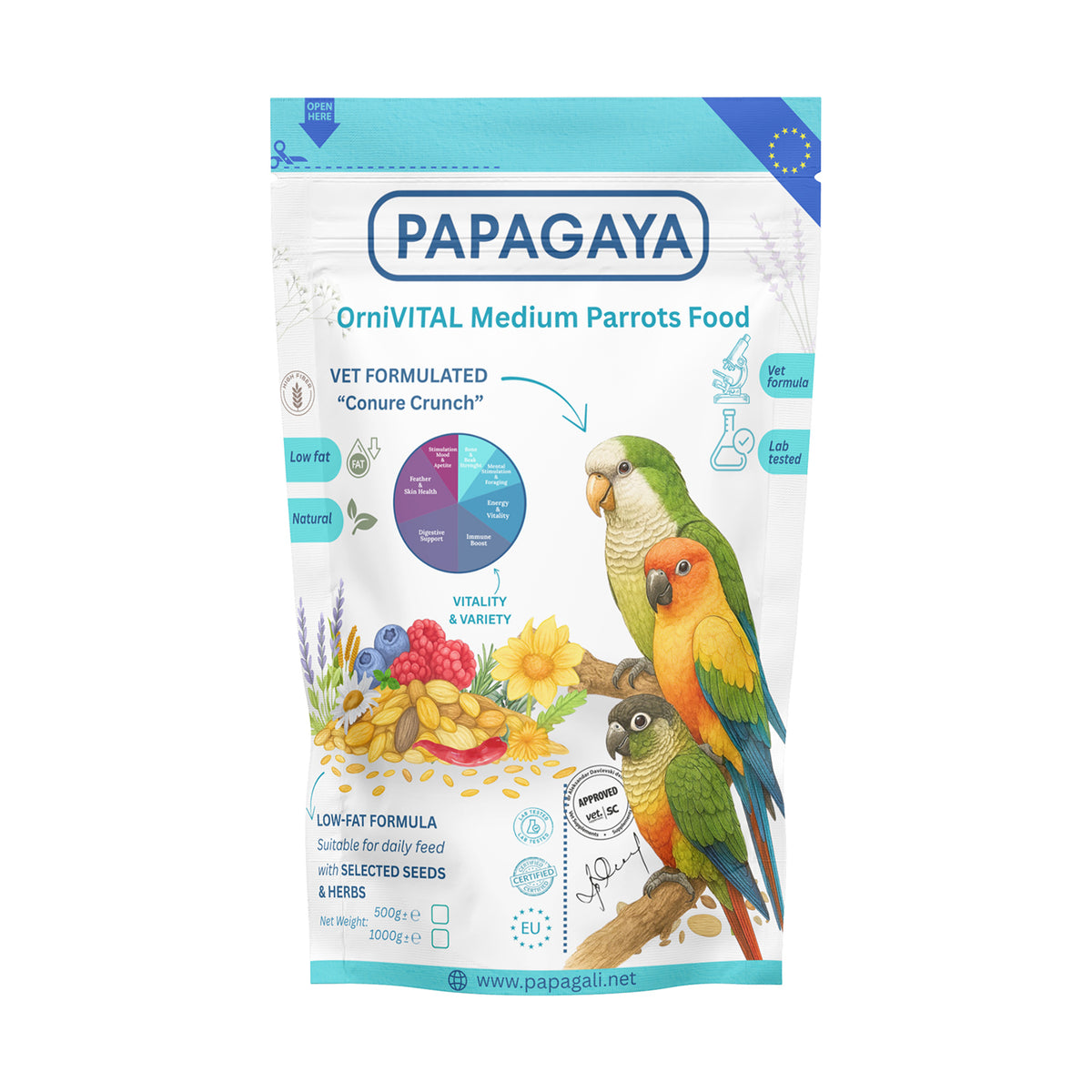 Papagaya OrniVital Conure Crunch Hrana Low Fat pentru Papagali de Talie Medie