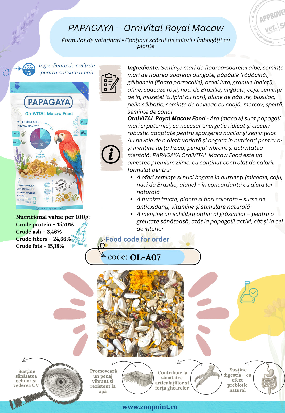 Papagaya OrniVital Royal Macaw Hrana Hipocalorica pentru Papagali Ara