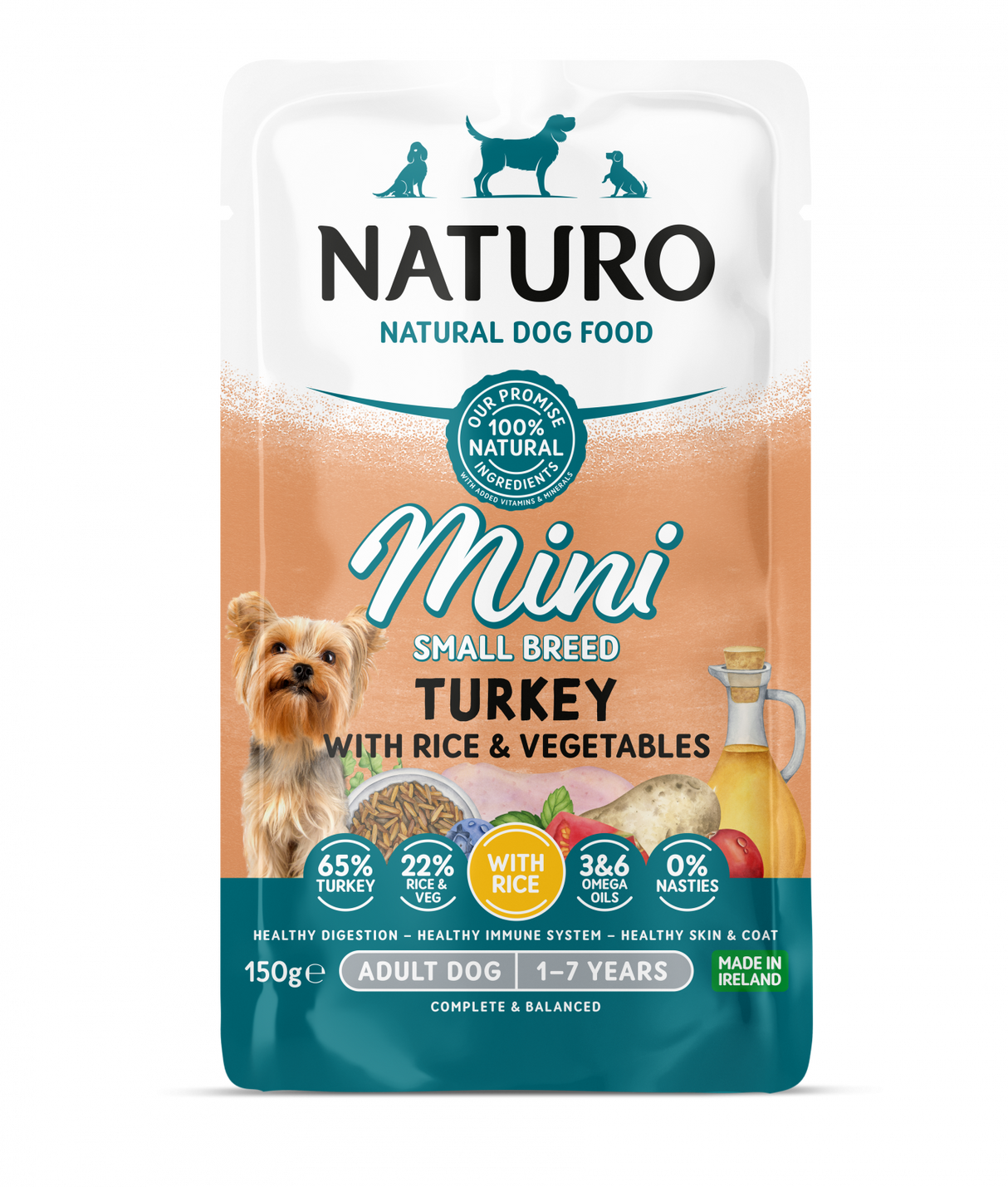 Naturo Pouch Naturo Dog Adult Mini cu Carne de Curcan si Orez 150 Gr - imagine 1