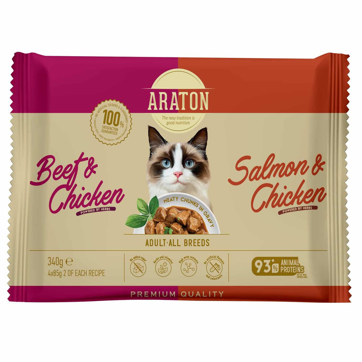 Araton Cat Hrana Umeda cu Vita/Pui si Somon Ton 4x85 Gr