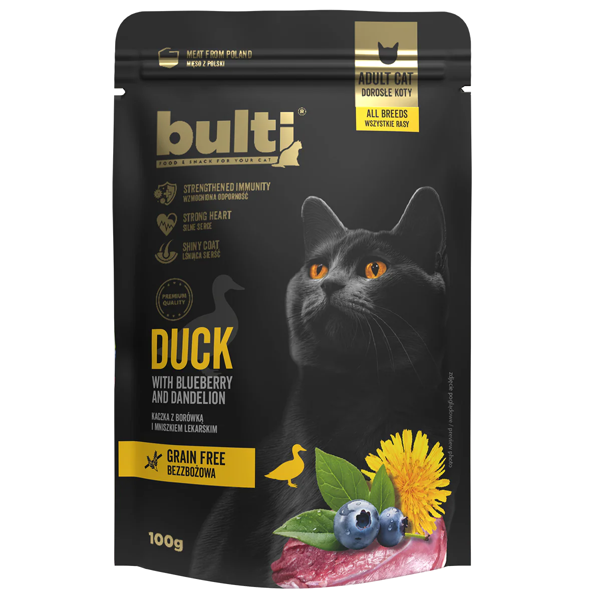 Bulti GF Superfood Pouch cu Rata, Afine si Papadie pentru Pisici 100 Gr