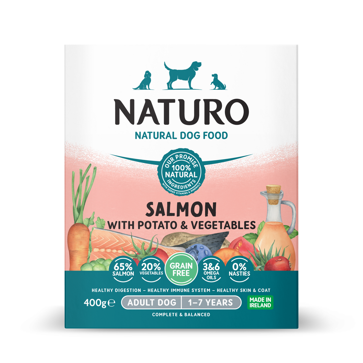 Naturo Caserola Naturo Adult Grain Free cu Carne de Somon, Cartofi si Legume 400g - imagine 1