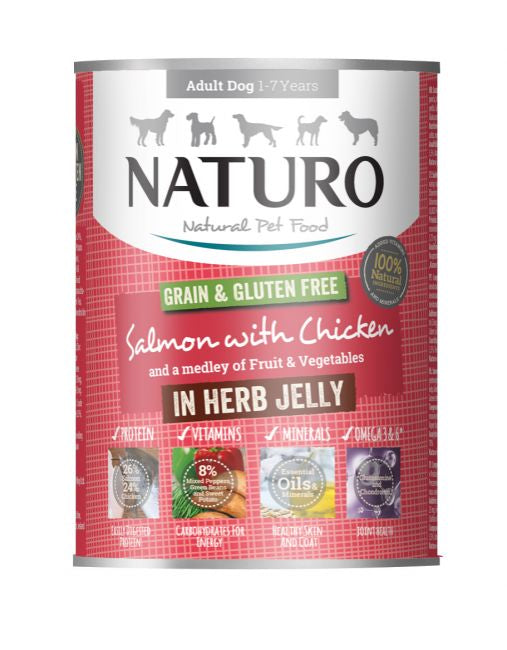 Naturo Conserva Naturo Adult cu Carne de Somon si Pui, amestec de Legume si Fructe in Jeleu cu Ierburi Aromatice 390g - imagine 1