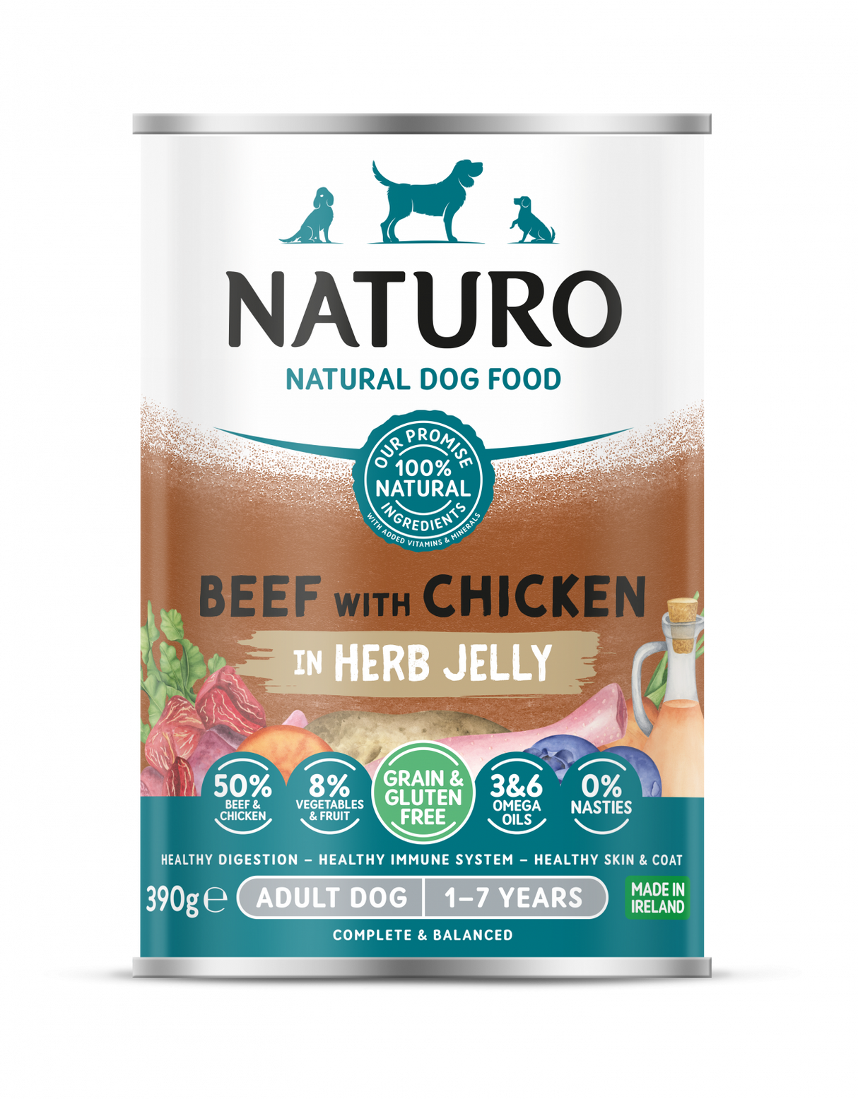 Naturo Conserva Naturo Adult cu Carne de Vita si Pui, Amestec de Legume si Fructe in Jeleu cu Ierburi Aromatice 390g - imagine 1