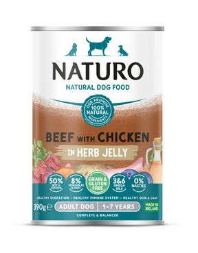 Naturo Conserva Naturo Adult cu Carne de Vita si Pui, Amestec de Legume si Fructe in Jeleu cu Ierburi Aromatice 390g - imagine 1