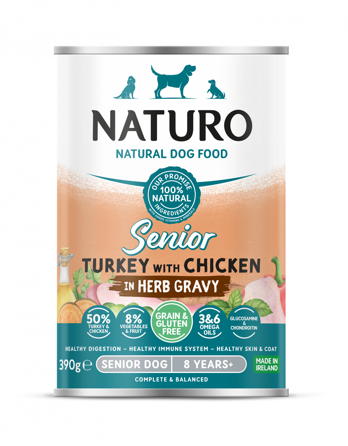 Naturo Conserva Naturo Senior cu Carne de Curcan si Pui, Amestec de Fructe si Legume in Sos cu Ierburi Aromatice 390g - imagine 1