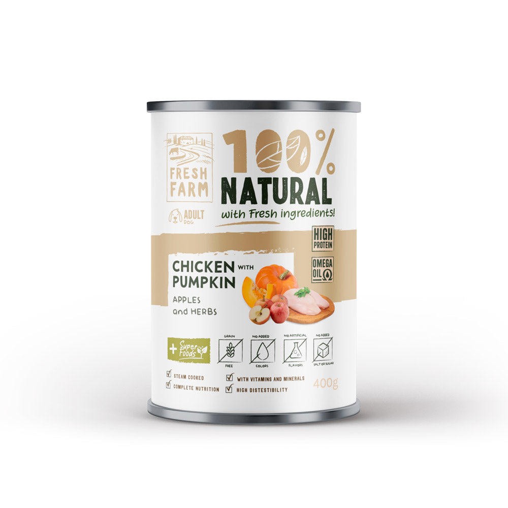 Fresh Farm Fresh Farm Coarse Conserva Hrana Umeda Pate cu Pui, Dovleac, Mere si Ierburi 400 Gr
