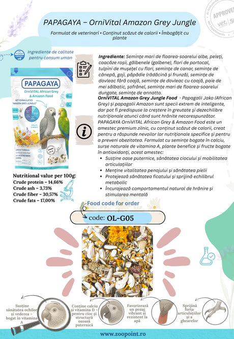 Papagaya OrniVital Amazon Grey Jungle Hrana Low Fat pentru Papagali de Talie Mare