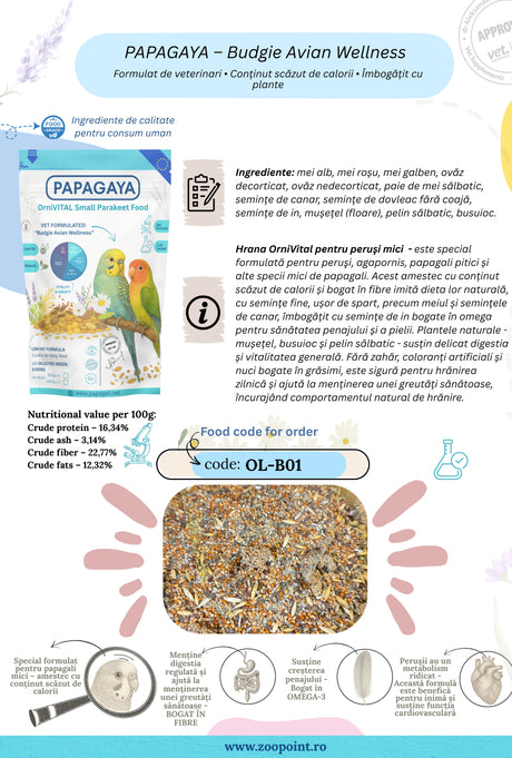 Papagaya OrniVital Budgie Avian Wellness Hrana Hipocalorica pentru Papagali de Talie Mica