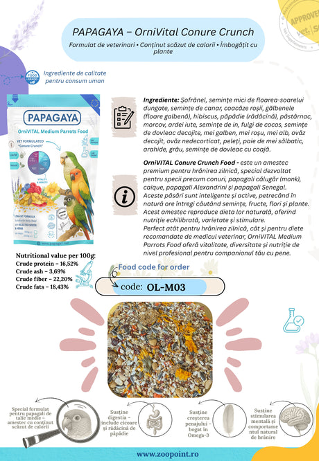 Papagaya OrniVital Conure Crunch Hrana Low Fat pentru Papagali de Talie Medie