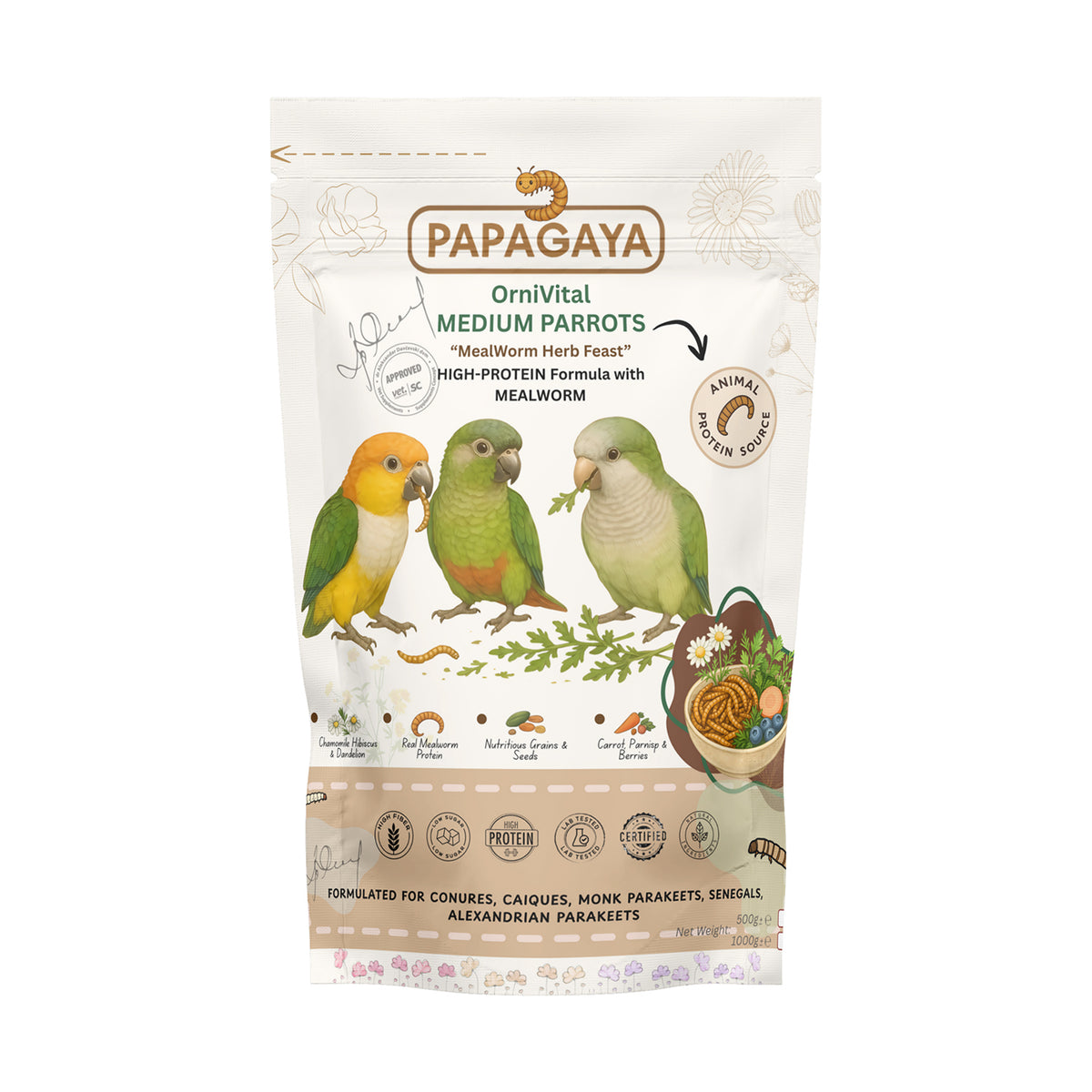 Papagaya OrniVital MealWorm Herb Feast High Protein pentru Papagali de Talie Medie