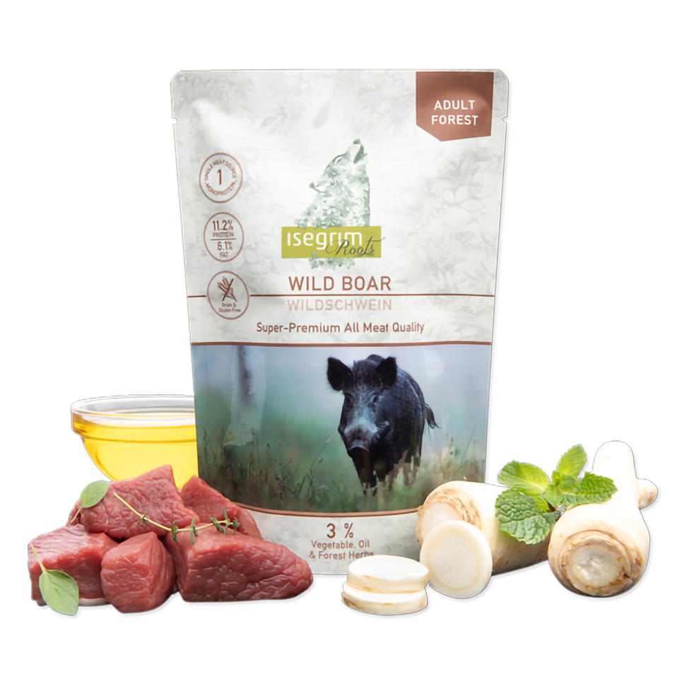 Isegrim Pouch Isegrim Dog Adult Monoprotein cu Carne de Mistret si Pastarnac 410 Gr