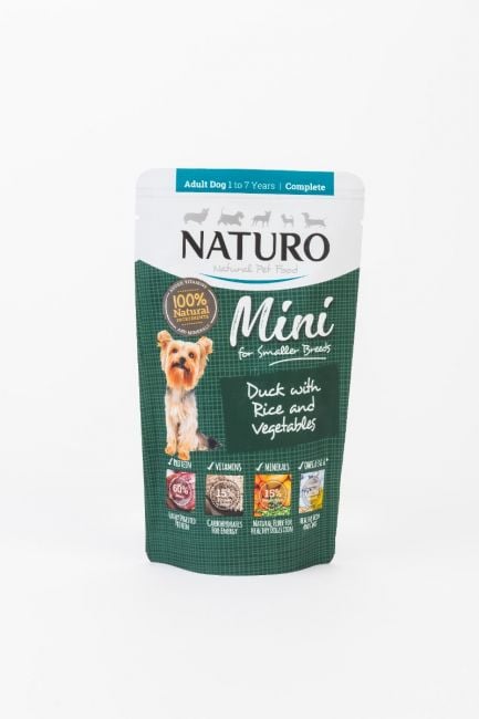 Pouch Naturo Dog Adult Mini cu Carne de Rata si Orez 150 Gr