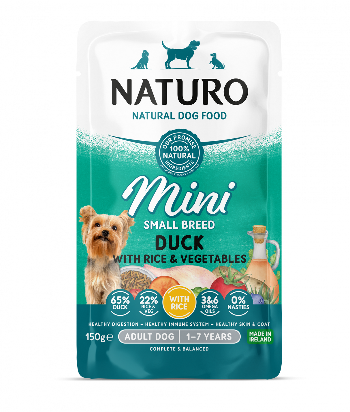 Naturo Pouch Naturo Dog Adult Mini cu Carne de Rata si Orez 150 Gr - imagine 1