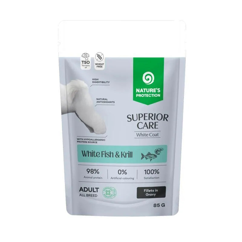 SC White Coat GF Hrana Umeda pentru Caini Adulti cu Peste Alb si Krill in Sos 85 Gr